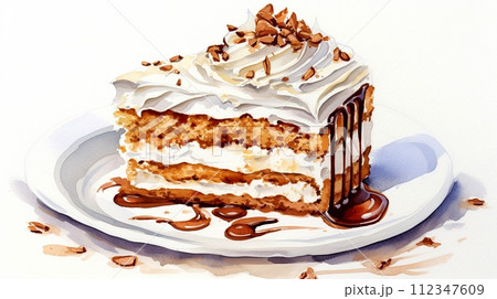 Scrumptious Cake with Creamy Icing and Chocolate Drizzle on White Plate Scrumptious Cake with Creamy Icing and Chocolate Drizzle on White Plate 112347609