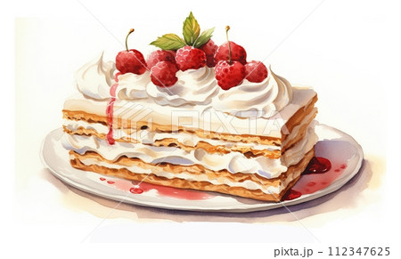 Delicious cake with raspberries, cherries, and white icing. Perfect for dessert lovers. 112347625