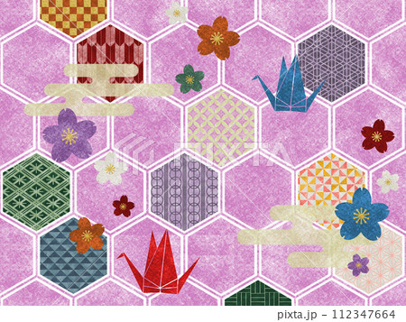 亀甲ベース様々な和柄 和紙素材_ピンク 亀甲ベース様々な和柄 和紙素材_ピンク 112347664