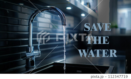 Modern kitchen faucet with a stream of water flowing into a stainless steel sink. 112347719