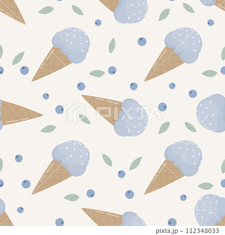 blueberry ice cream seamless pattern. Ice cream in a cone and strawberries on a light background. 112348033