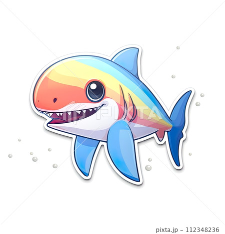 Happy cartoon rainbow shark icon isolated on white background. Vector illustration. Generate AI Happy cartoon rainbow shark icon isolated on white background. Vector illustration. Generate AI 112348236