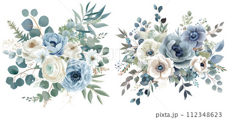 Dusty blue rose, white hydrangea, ranunculus, anemone, eucalyptus, greenery, juniper, magnolia vector design frame 112348623