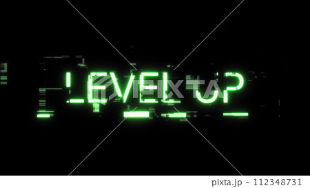 3D rendering level up text with screen effects of technological glitches 112348731