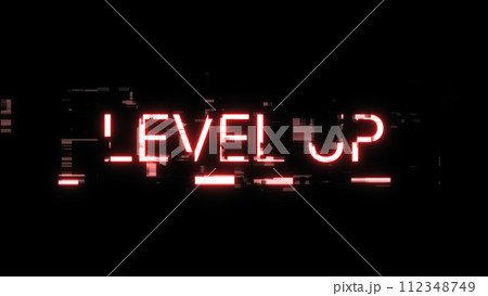 3D rendering level up text with screen effects of technological glitches 112348749