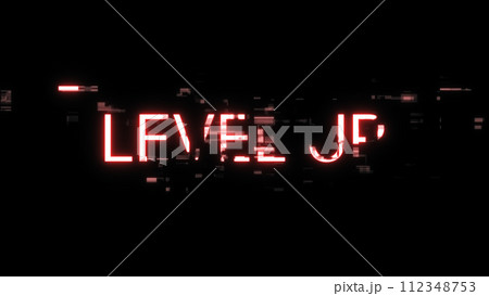 3D rendering level up text with screen effects of technological glitches 112348753