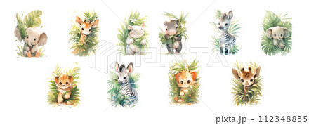 Adorable Watercolor Illustrations of Baby Animals Surrounded by Lush Greenery, Perfect for Nursery Decor or Children’s Book Adorable Watercolor Illustrations of Baby Animals Surrounded by Lush Greenery, Perfect for Nursery Decor or Children’s Book 112348835