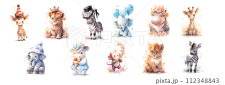 Adorable Watercolor Illustrations of Baby Animals in Festive Attire, Perfect for Nursery Decor, Children’s Books, and Celebratory 112348843