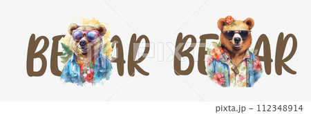 Stylish Bear Wearing Sunglasses and Floral Shirt: Artistic Watercolor Illustration for Design Needs 112348914