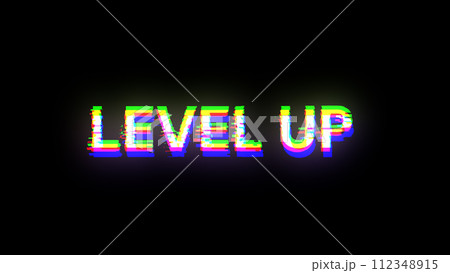 3D rendering level up text with screen effects of technological glitches 112348915