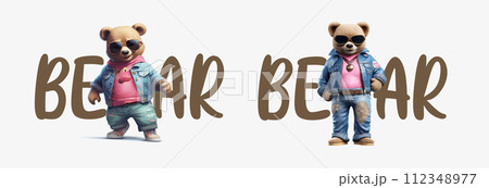 Stylish Cartoon Bear Characters in Trendy Outfits: A Detailed Vector Illustration Perfect for Children’s Books, Animations 112348977