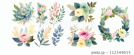 Elegant Watercolor Floral Arrangements and Wreaths for Invitations, Greeting Cards, and Home Decor Design Elegant Watercolor Floral Arrangements and Wreaths for Invitations, Greeting Cards, and Home Decor Design 112349015