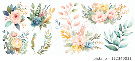 Elegant Collection of Watercolor Floral Arrangements for Invitations, Decor, and More - Various Blooms Elegant Collection of Watercolor Floral Arrangements for Invitations, Decor, and More - Various Blooms 112349031
