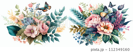 Elegant Floral Arrangements with Vibrant Butterflies: A Beautiful Collection of Blooming Flowers and Fluttering Butterflies for Design 112349160