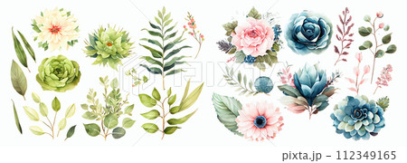 Elegant Collection of Hand-Painted Watercolor Flowers and Leaves, Perfect for Invitations, Greeting Cards, and Wall Art Elegant Collection of Hand-Painted Watercolor Flowers and Leaves, Perfect for Invitations, Greeting Cards, and Wall Art 112349165