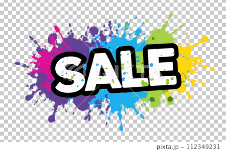 a banner with the word "SALE" and paint splatters on transparent background.	 112349231