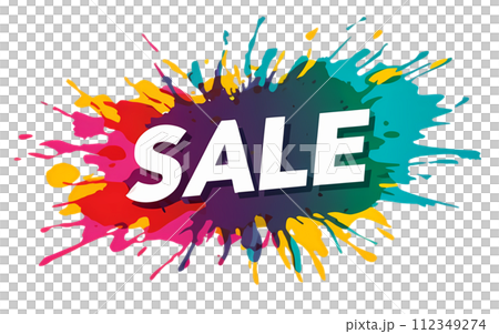 a banner with the word "SALE" and paint splatters on transparent background.	 112349274