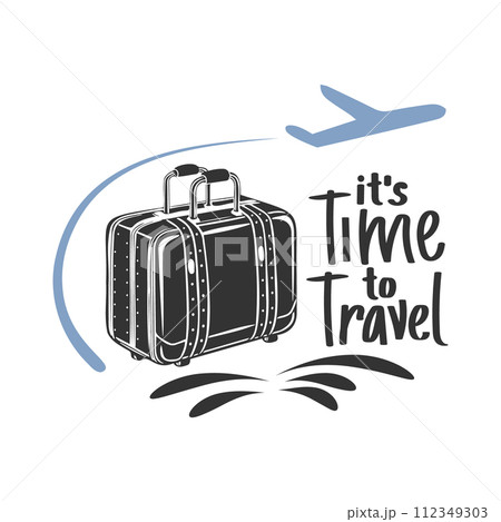 Time to travel lettering with suitcase and airplane. Calligraphic inscription, quote, phrase. Postcard, typographic design, print. Vector 112349303