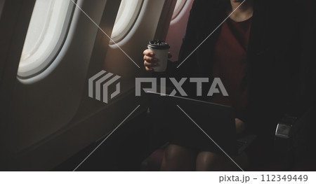 Blonde female tourist checking incoming notification on smartphone sitting on seat of airplane with netbook.Young businesswoman share media from telephone on laptop computer during plane flight Blonde female tourist checking incoming notification on smartphone sitting on seat of airplane with netbook.Young businesswoman share media from telephone on laptop computer during plane flight 112349449