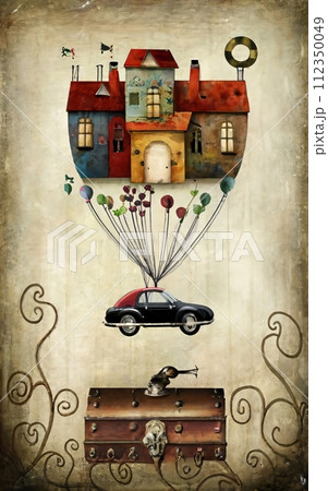 visually captivating minimalist and surrealistic illustration artwork of retro house, car and treasure chest. Modern house, car, treasure chest, gold against a captivating black background 112350049