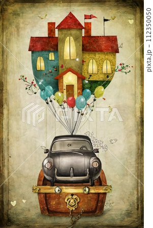visually captivating minimalist and surrealistic illustration artwork of retro house, car and treasure chest. Modern house, car, treasure chest, gold against a captivating black background visually captivating minimalist and surrealistic illustration artwork of retro house, car and treasure chest. Modern house, car, treasure chest, gold against a captivating black background 112350050