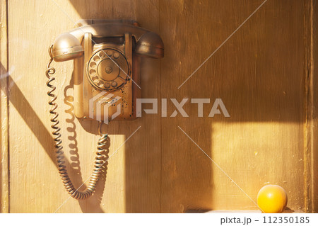 Retro phone in the booth. Telephone in the phone booth 112350185