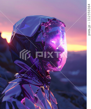 AI-generated content. The person is enveloped in plastic with a violet light emitting from their face, creating a surreal sculpture amidst a sky of electric blue clouds 112350364