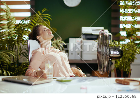 relaxed 40 years old accountant woman in green office 112350369