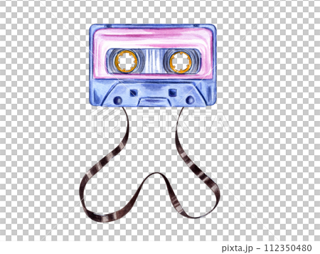 Retro audio Cassettes with tape. Nostalgia. Brown bright magnetic tape. Vintage multicolored compact Cassette. Musical device. Music, sound, playlist, audio equipment. Watercolor illustration 112350480