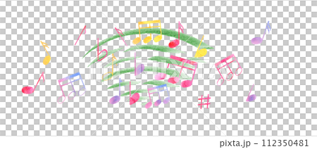 Composition with multicolored music notes. Notes flying through the waves of music. Rainbow color of note symbols. Watercolor illustration in classic style. Clip art for postcard design Composition with multicolored music notes. Notes flying through the waves of music. Rainbow color of note symbols. Watercolor illustration in classic style. Clip art for postcard design 112350481