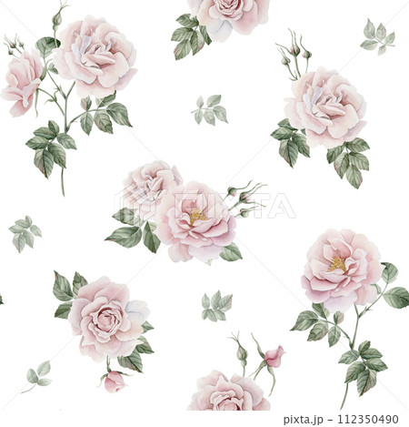 Rose hip pink flowers with buds and green leaves, Victorian style, watercolor seamless pattern on white background. For use in design, fabric, textile, scrapbooking, wallpaper, wrapping papper, gift b Rose hip pink flowers with buds and green leaves, Victorian style, watercolor seamless pattern on white background. For use in design, fabric, textile, scrapbooking, wallpaper, wrapping papper, gift b 112350490