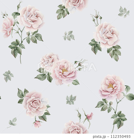 Rose hip pink flowers with buds and green leaves, Victorian style, watercolor seamless pattern on light blue background. For use in design, fabric, textile, scrapbooking, wallpaper, wrapping papper, g 112350493