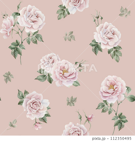 Rose hip pink flowers with buds and green leaves, Victorian style, watercolor seamless pattern on peach pink background. For use in design, fabric, textile, scrapbooking, wallpaper, wrapping papper, g 112350495