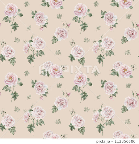 Rose hip pink flowers with buds and green leaves, Victorian style, watercolor seamless pattern on beige background. For use in design, fabric, textile, scrapbooking, wallpaper, wrapping papper, gift b 112350500
