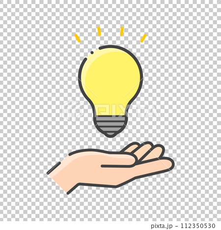 光っている電球と人の手のシンプルなアイコン -ひらめく･ 電気･エネルギーのイメージの素材 112350530