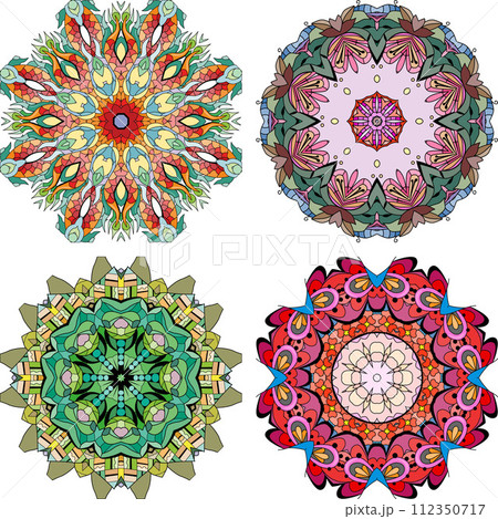 Hand drawn zentangle set of 4 color mandalas for decoration Hand drawn zentangle set of 4 color mandalas for decoration 112350717