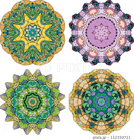 Hand drawn zentangle set of 4 color mandalas for decoration 112350721