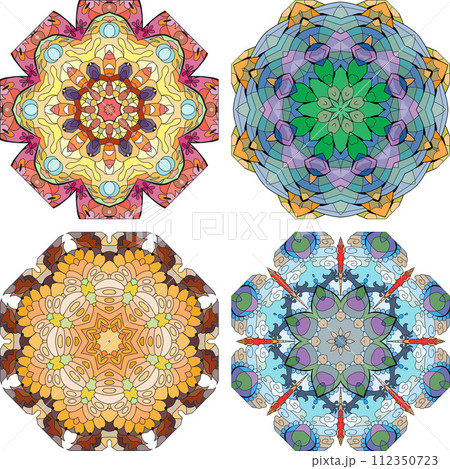 Hand drawn zentangle set of 4 color mandalas for decoration Hand drawn zentangle set of 4 color mandalas for decoration 112350723