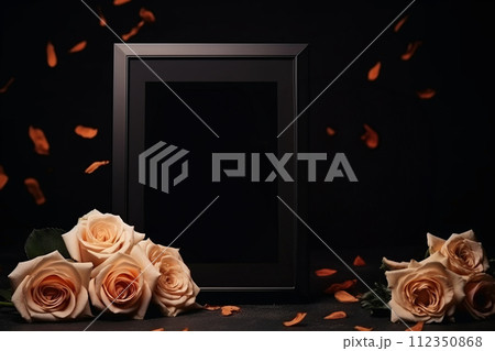 AI-generated content.  black picture frame roses falling leaves dark background copy space 112350868
