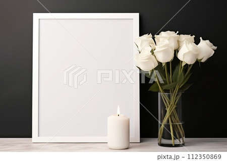 AI-generated content. white picture frame white roses white candle dark background copy space 112350869