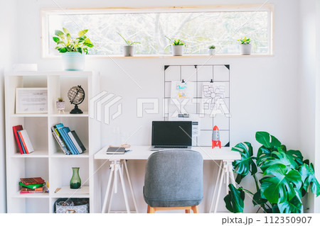 Modern cozy light workplace - white desk with laptop black screen, grid mood board with pinned notes, shelves with docs and green monstera plant at work space in home office room interior 112350907