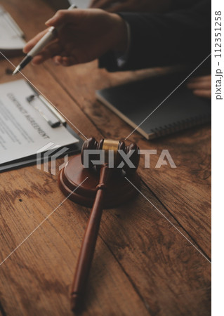 Good service cooperation, Consultation of Businesswoman and Male lawyer or judge counselor having team meeting with client, Law and Legal services concept. 112351258