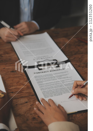 Good service cooperation, Consultation of Businesswoman and Male lawyer or judge counselor having team meeting with client, Law and Legal services concept. 112351260