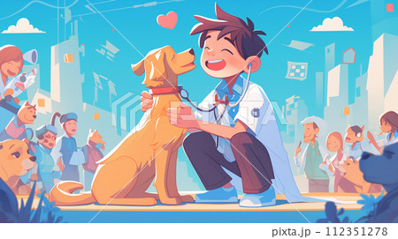 Veterinarian examining a dog in the street, cartoon vector illustration 112351278