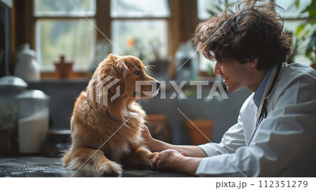 A happy golden retriever puppy sits on the exam table with a friendly veterinarian 112351279