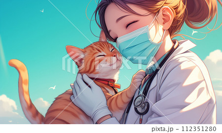 Female veterinarian holding a cat in her arms. 3D rendering. 112351280