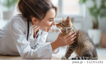 A smiling girl lovingly holds a fluffy kitten in her arms 112351282