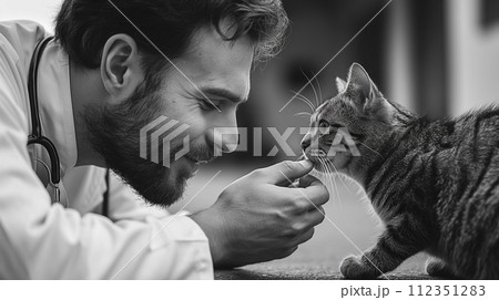 A man veterinarian smiles as he holds his fluffy cat close 112351283