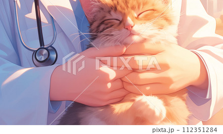 Smiling woman veterinarian holding a tabby cat with a stethoscope, symbolizing pet care and animal love 112351284