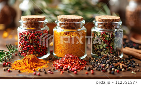 Three red yellow green glass jars with spices on wooden table. Different flavor, taste and type of spices and bulk solids on wooden table with kitchen interior at background Three red yellow green glass jars with spices on wooden table. Different flavor, taste and type of spices and bulk solids on wooden table with kitchen interior at background 112351577
